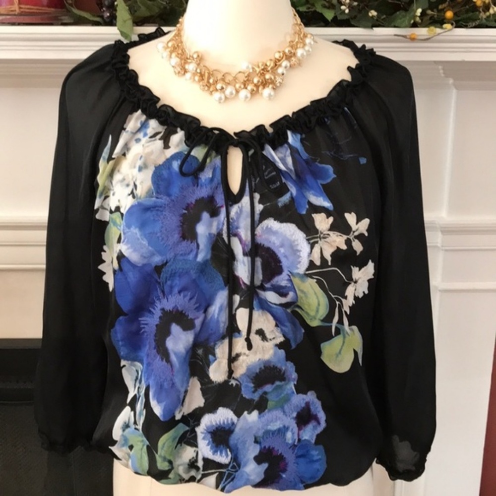 WHITE HOUSE BLACK MARKET SHEER LONG SLEEVE BLOUSE floral TOP